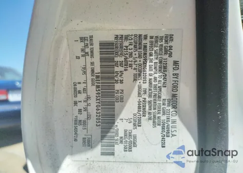 2000 Mercury Sable Ls Premium z USA, uszkodzony, nr VIN 1MEFM59SXYG632053